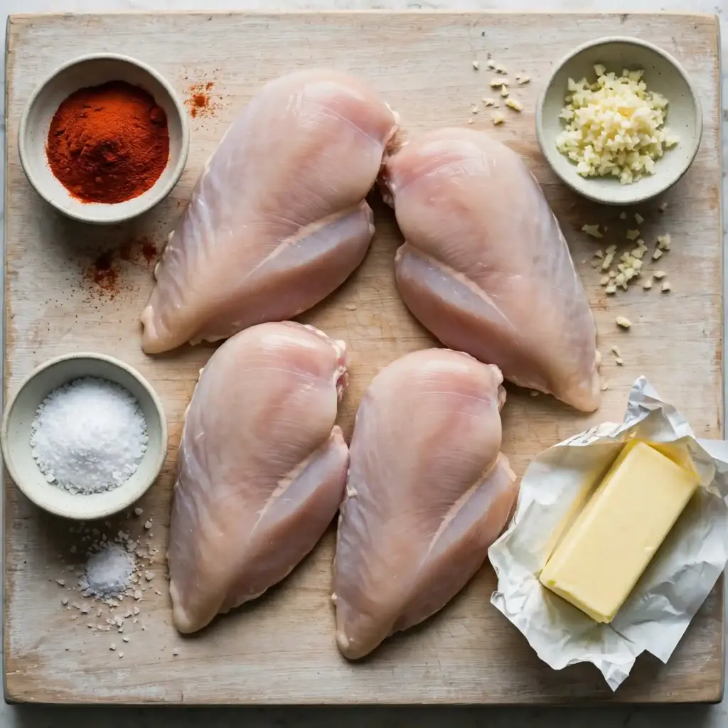 Easy Garlic Butter Chicken Breast 30-Minute 2 chicken breast ingredients flatlay 1024x1024 1