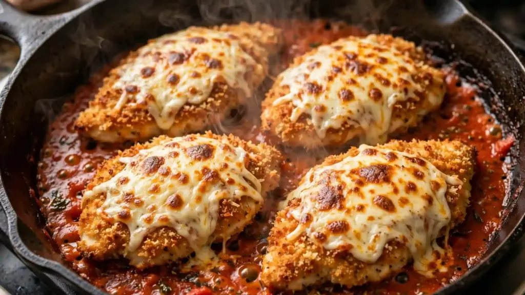 Easy Chicken Parmesan Recipe (Ready in 45 Minutes) 4 chicken parmesan recipe finished skillet 2 1024x576 1