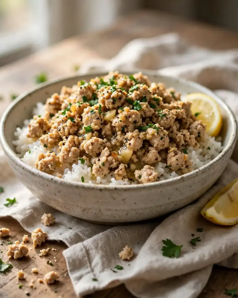 Easy Garlic Butter Ground Chicken Skillet (20 Minutes) 4 ground chicken recipe served over rice 819x1024 1