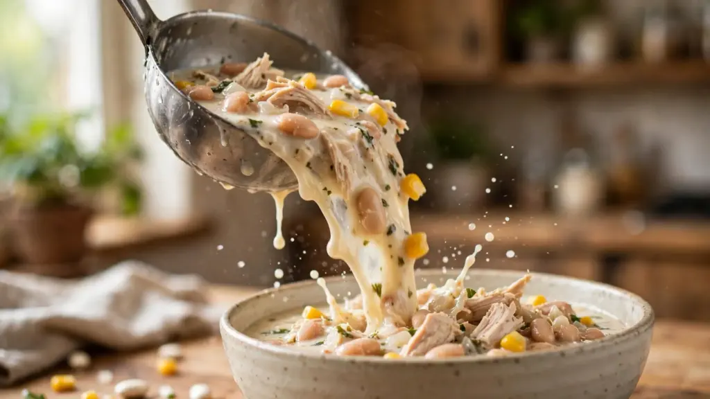 Easy White Chicken Chili Recipe 45-Minute 4 white chicken chili ladle pour 1024x576 1